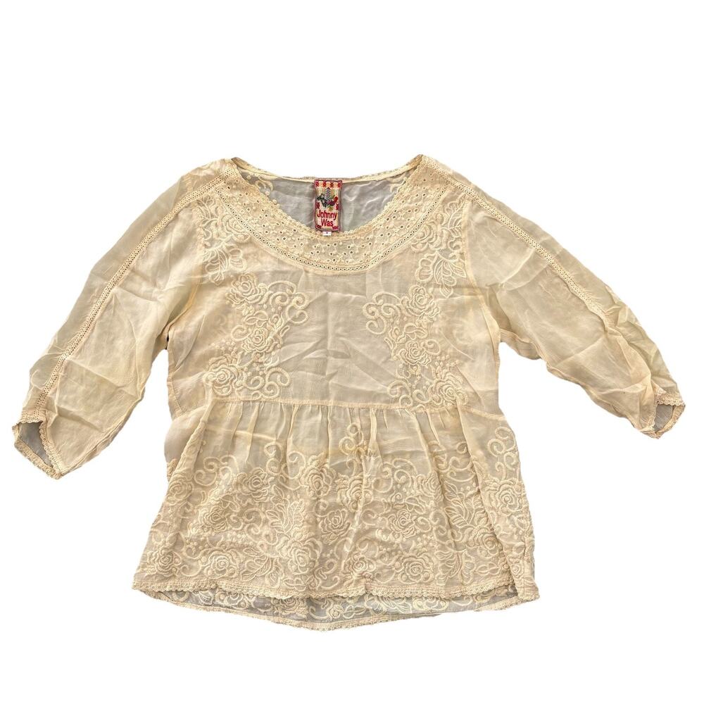 Johnny Was Women Blouse Small Cream Embroidered Boho Peasant Top vacation STAIN